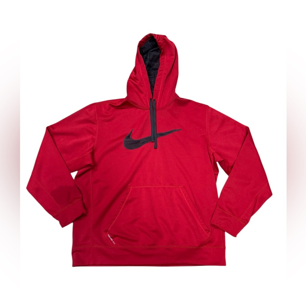 Nike Therma Fit Hoodie Mens Medium Red Big Swoosh Logo Pullover Sweatshirt